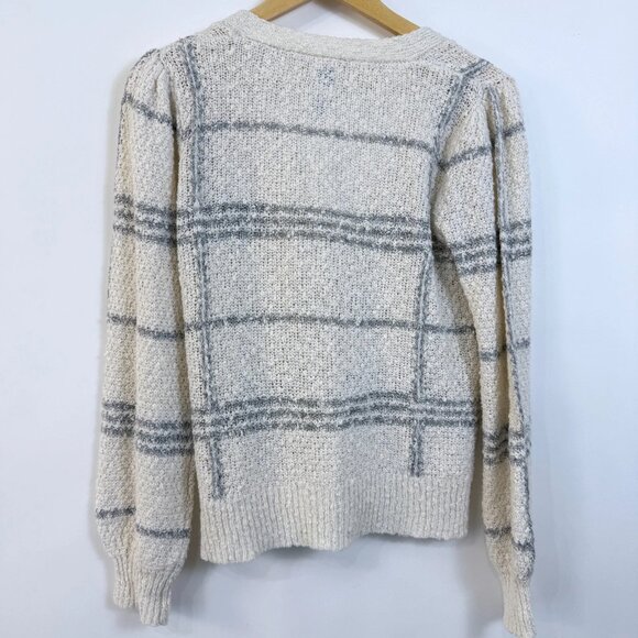 Joie Textured Knit Plaid Cardigan Sweater Size M Cream Gray Preppy Academia - Picture 2 of 7